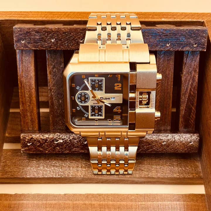 WoodWristCo - Wholesale Wrist Watch - Men's - Men Cool Square Gold Heavy Watch