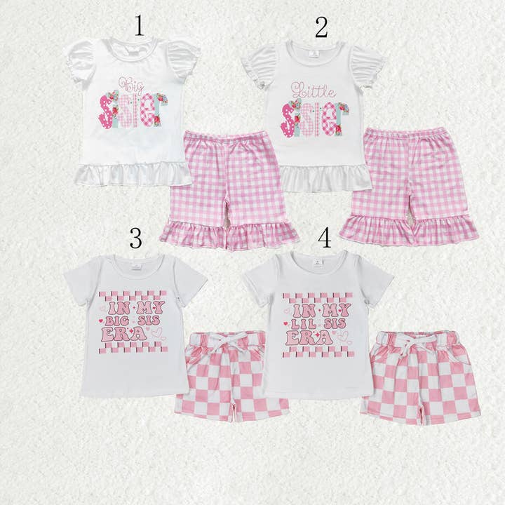 Sibling Baby Girls Little Big Sister Tee Shirts Ruffle Plaid Shorts Clothes Sets for wholesale by Aier Wholesale