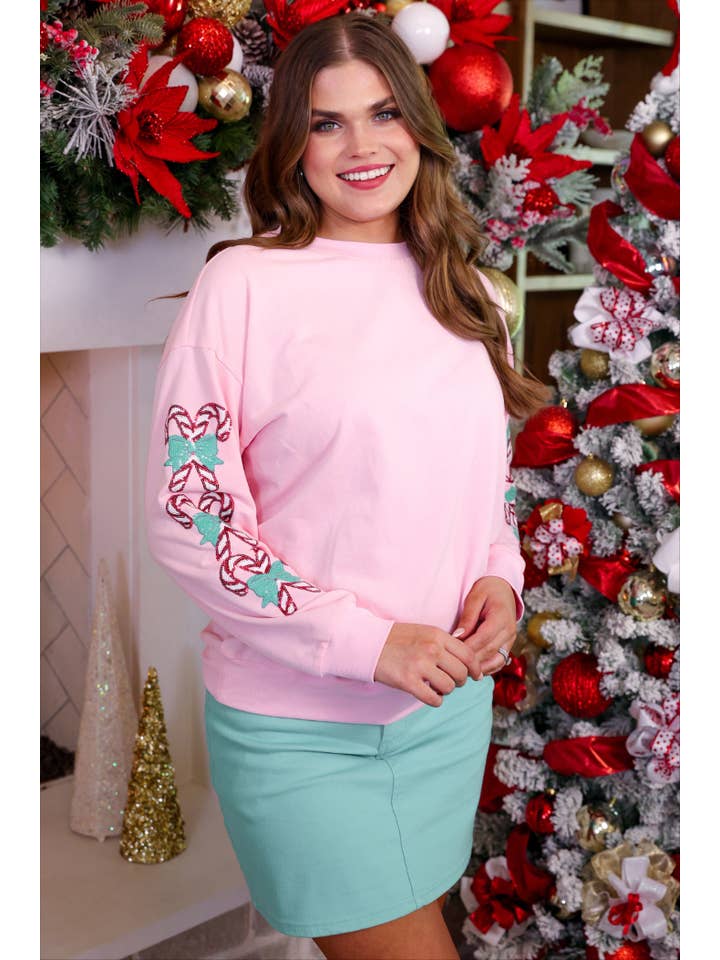 Pink Candy Cane Sleeves Pullover for wholesale on Faire6
