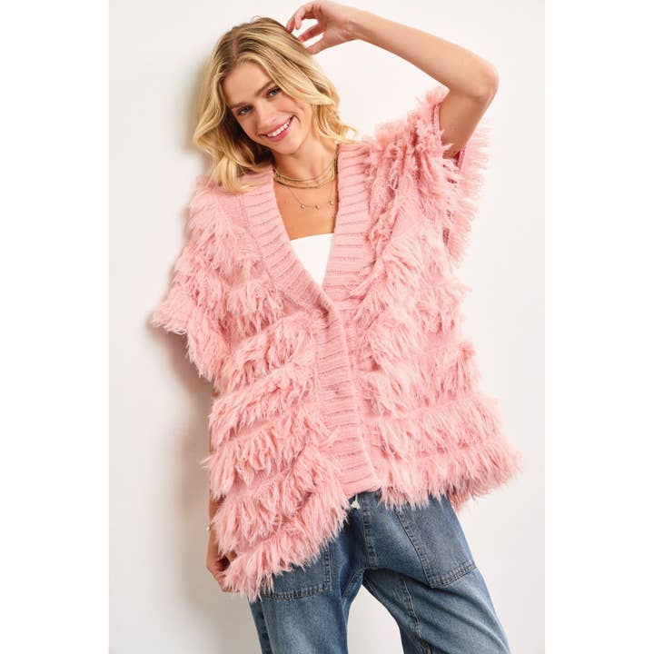 Apolline - Wholesale Jacket – Women's - Fringe Shaggy Cap Sleeve Sweater Jacket4