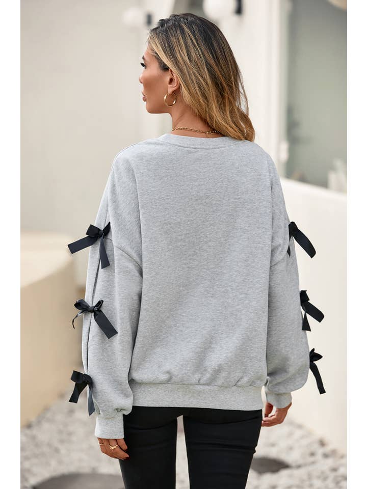 Light Grey LDC Solid Round Neck Bow Knot Pullover Sweatshirt for wholesale on Faire2