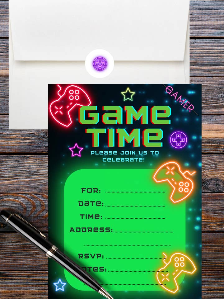 Gamer Party Invitations comes with Envelopes and Stickers for wholesale by LM Studioz