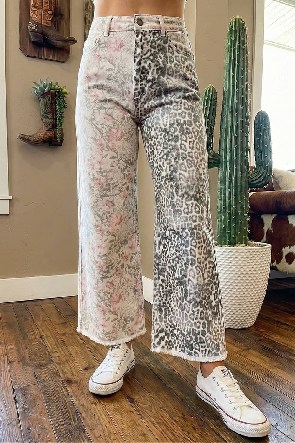 fashionworks - Wholesale Jeans - Women's - Western Leopard Frayed Edge Wide Leg High Waist Jeans*4-162