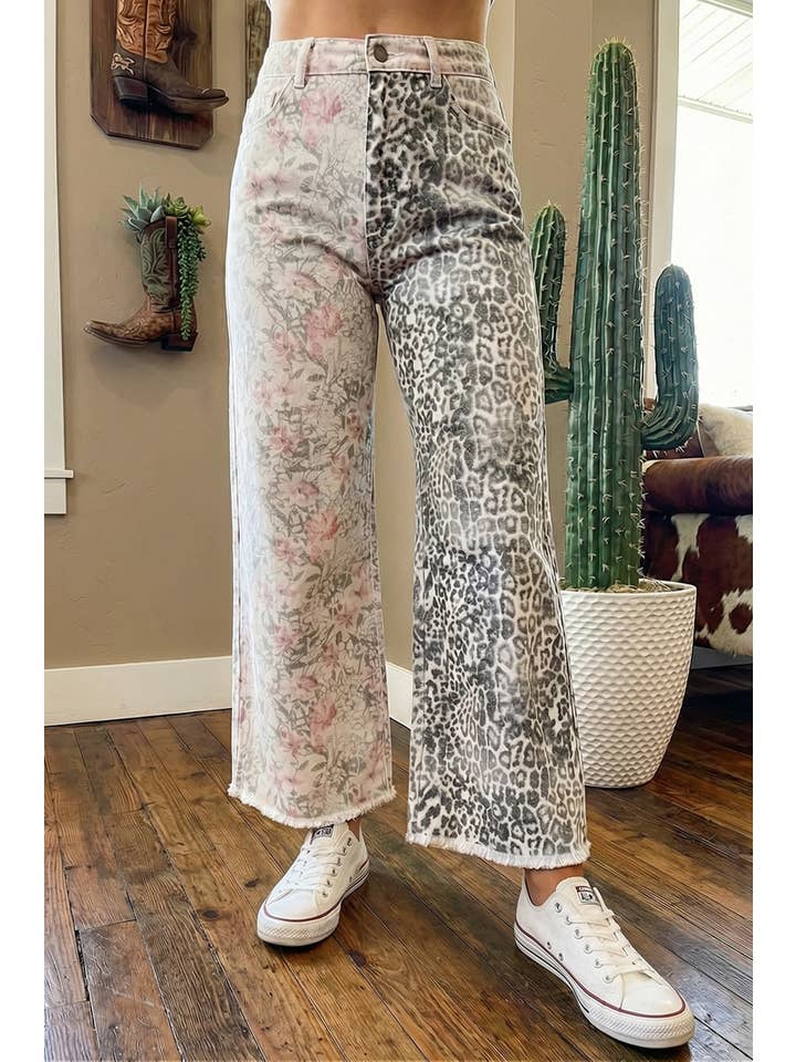 fashionworks - Wholesale Jeans - Women's - Western Leopard Frayed Edge Wide Leg High Waist Jeans*4-162