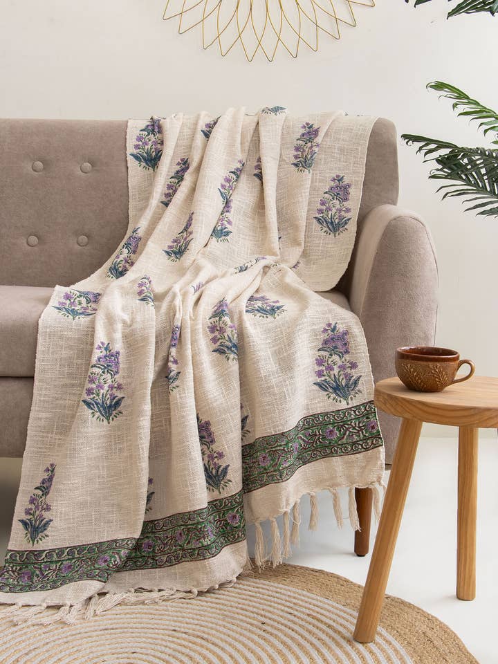 Coperta in Cotone - Decorazione per Divano con Stampa Floreale a Blocchi per la vendita all'ingrosso da parte di Artsy Home