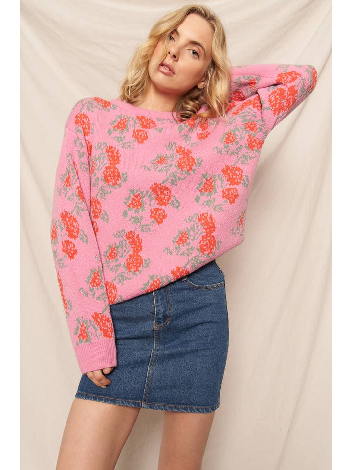 PINK RED Rose Print Knit Sweater for wholesale on Faire