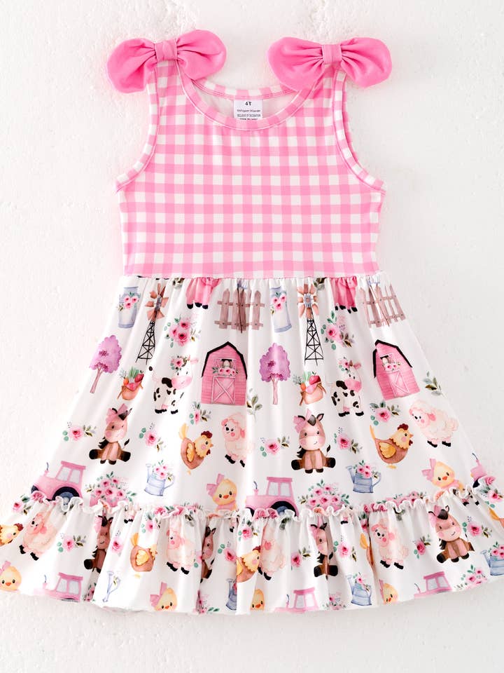 Auraquise - Wholesale Dress - Kids - Girls Summer Pink Plaid Farm Print Dress