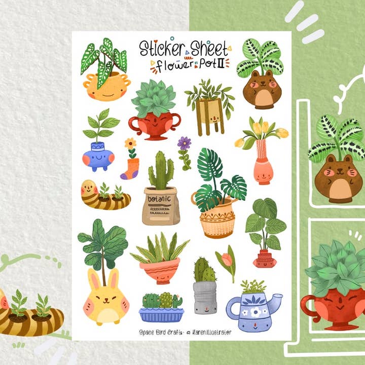 Hoja de pegatinas Flower Pot 2, pegatinas Bullet Journal para venta al por mayor de Split Moon Studios