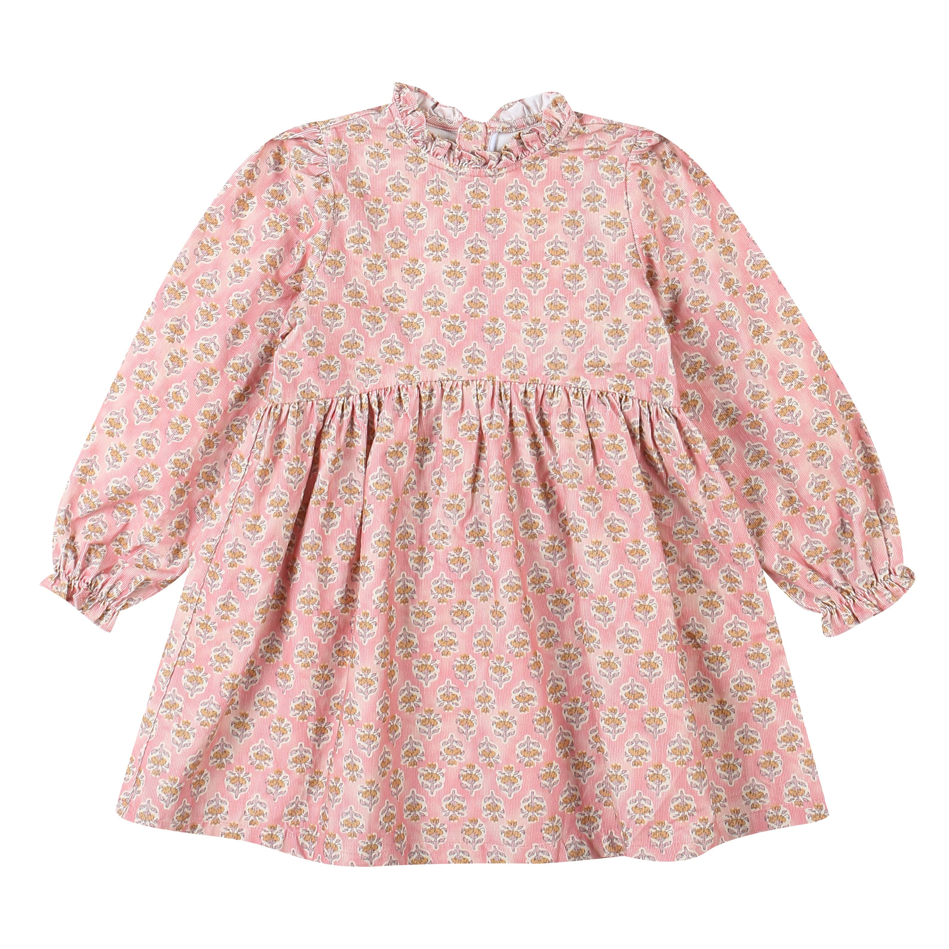 ToTo Heros – Vestido - Crianças por atacado – Vestido rosa com decote com babados com estampa floral0