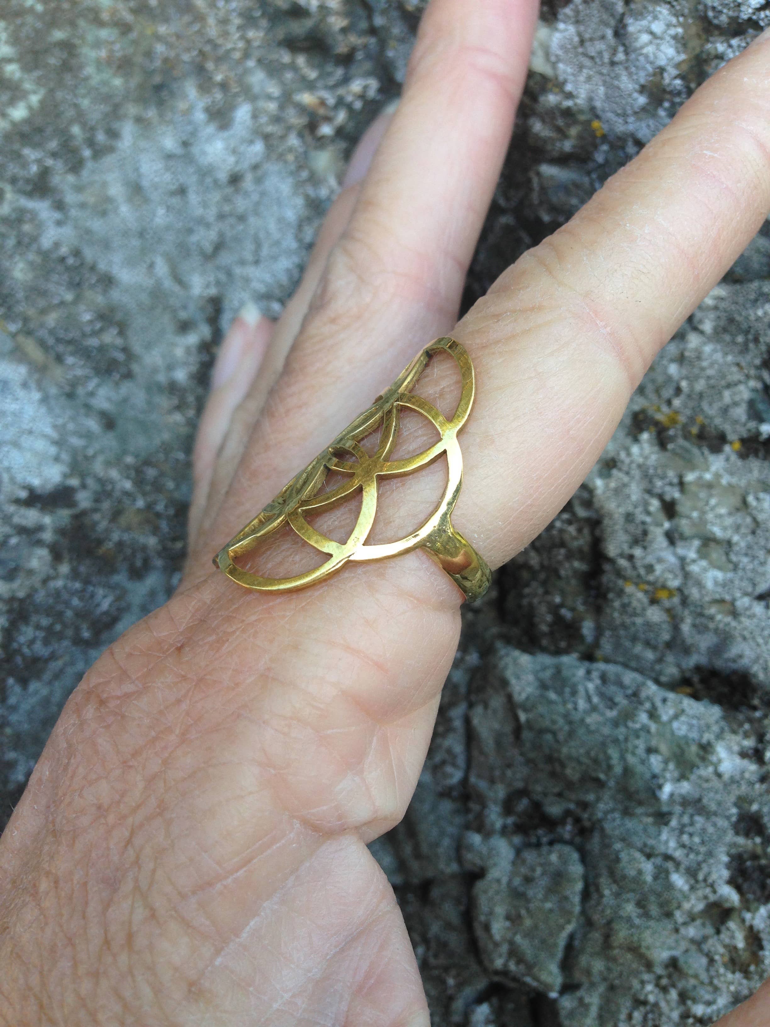 JAYA MOKSHA - Wholesale Band/Stacked Ring - Brass Seed of Life Ring / Sacred Geometry Gold Flower 3