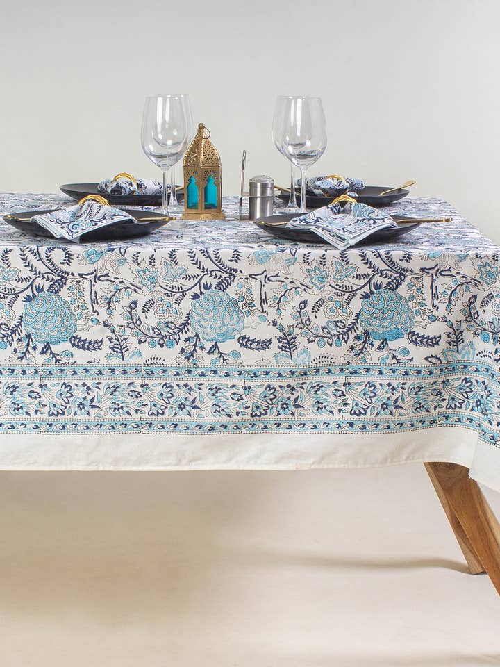 Blue Floral Block Print Tablecloth, Indian Cotton Tablecover for wholesale by Artsy Home
