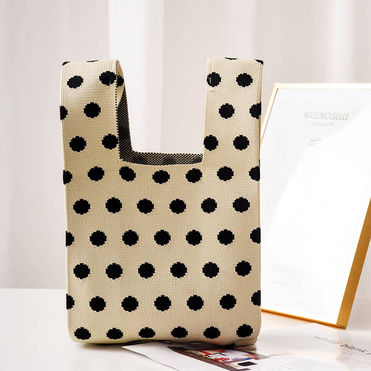 ACCITY - Wholesale Tote Bag - Women's - COW PATTERN CUTE KNOT WRISTLET KNITTED TOTE BAG_CWAB08803