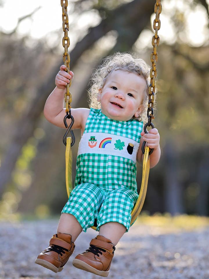 St. Patrick's Day shamrock Smocking Embroidered Green Plaid Boys' Romper for wholesale by Rylee Faith Designs