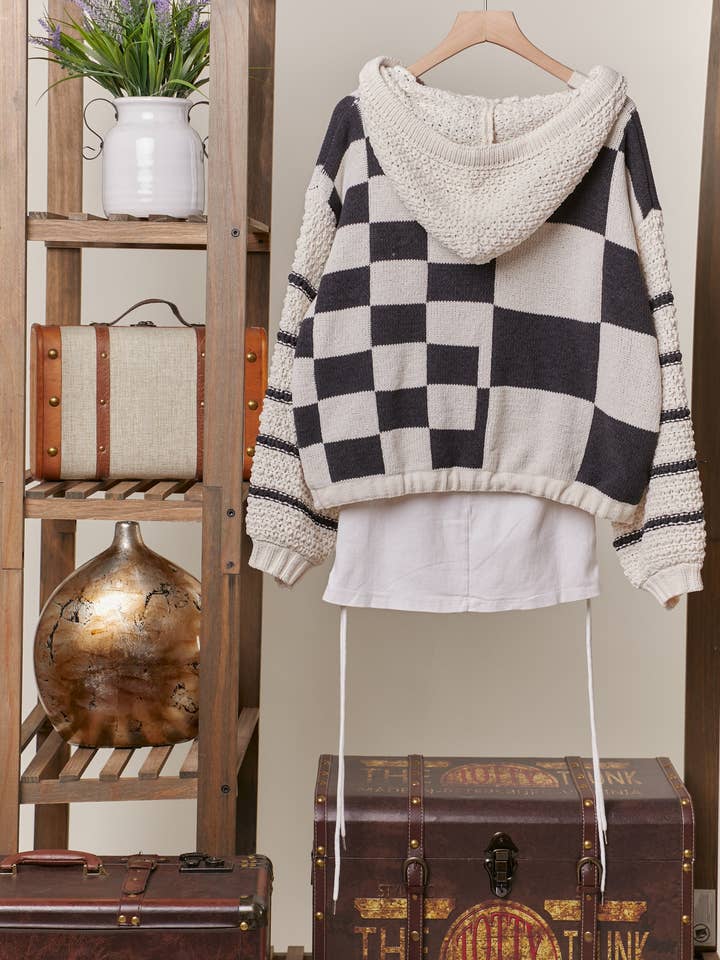 Mello. - Wholesale Knit Sweater - Women's - Hooded Multi Checker Drawstring Sweater6