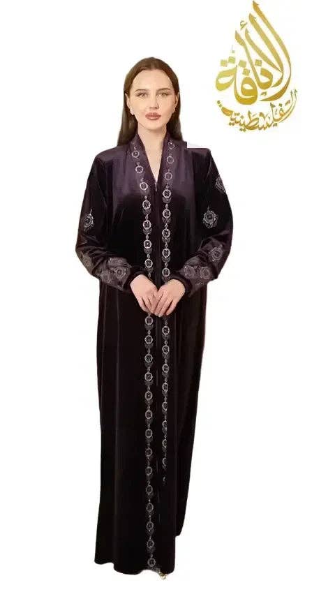 Palestinian Elegance - Wholesale Kaftan - Women's - Purple Embroidered Velvet Abaya - Women's Luxurious and Elegant Fashion1