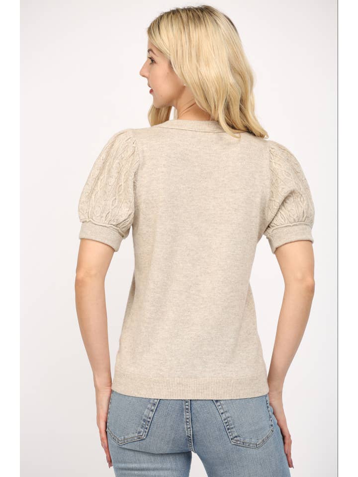 OATMEAL CASHMERE BLEND CABLE KNIT SHORT PUFF SLV SWEATER FW15535 for wholesale on Faire