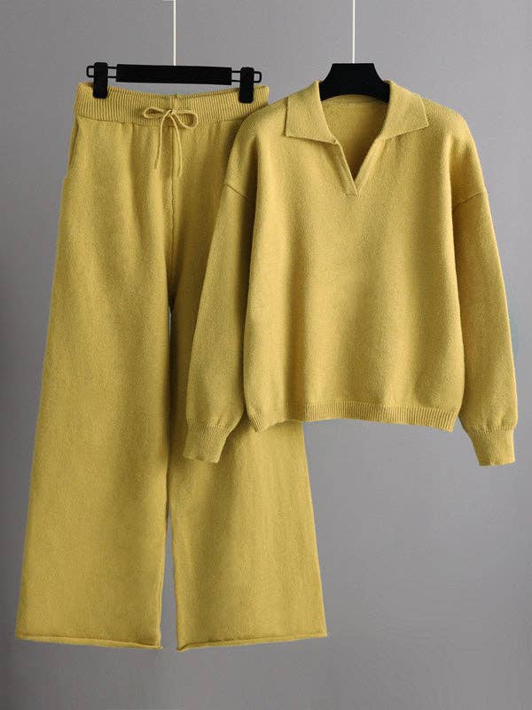 Plush Looks - Vendita all'ingrosso Completo top e pantaloni (NON loungewear) - Donna - Set di due pezzi in maglione polo a maniche lunghe Urban in tinta unita e pantaloni a gamba larga8