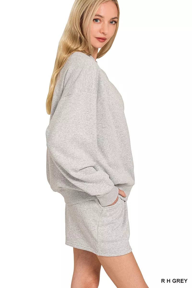 R H GREY Zenana Fleece Long Sleeve Sweatshirts & Shorts Set for wholesale on Faire1