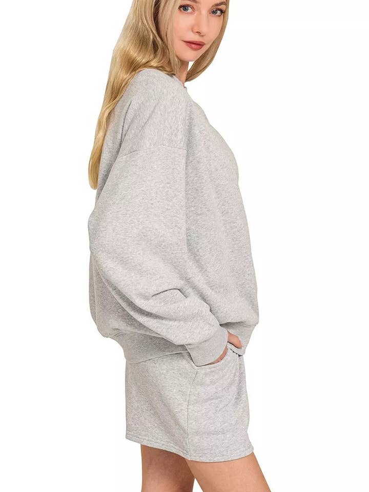 R H GREY Zenana Fleece Long Sleeve Sweatshirts & Shorts Set for wholesale on Faire1