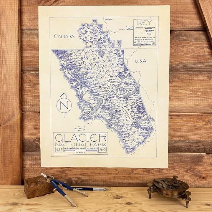 Glacier National Park Handritad Karta Skriv ut för wholesale av Cryptocartography