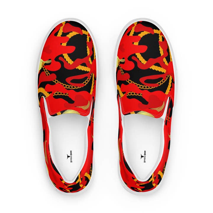 Scarpe da donna in tela senza lacci mimetiche | Calzature eleganti con motivo mimetico rosso per la vendita all'ingrosso da parte di Stitch & Simon