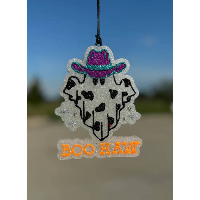 BOO-HAW Ghost with Cow Print and Cowboy Hat/Car Scent for wholesale by Scent Story Freshies
