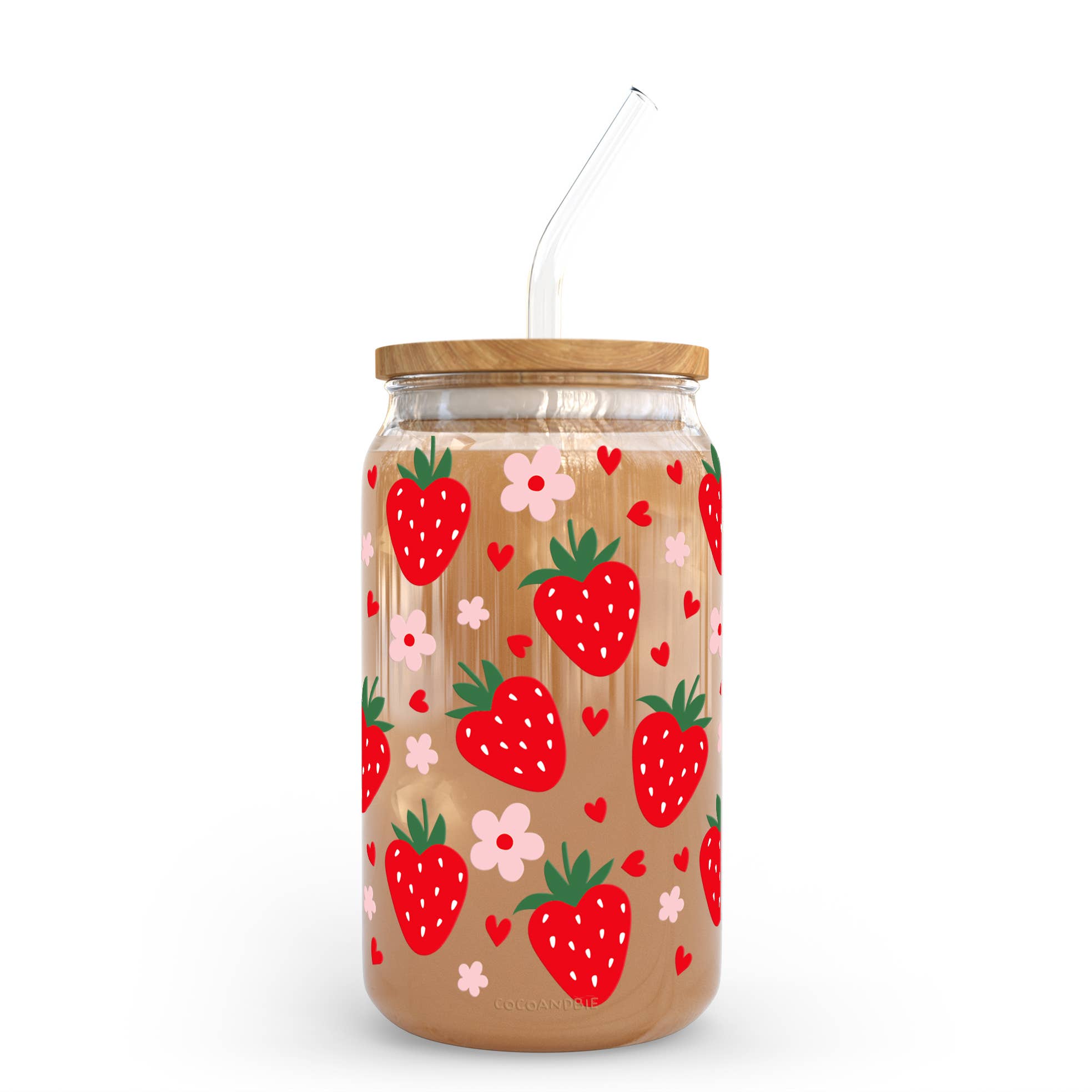 coco+bie designs - Wholesale Drinkglas/beker - 16oz glazen kanbeker met aardbeien- en hartjesdesign - Fruit, zomer1