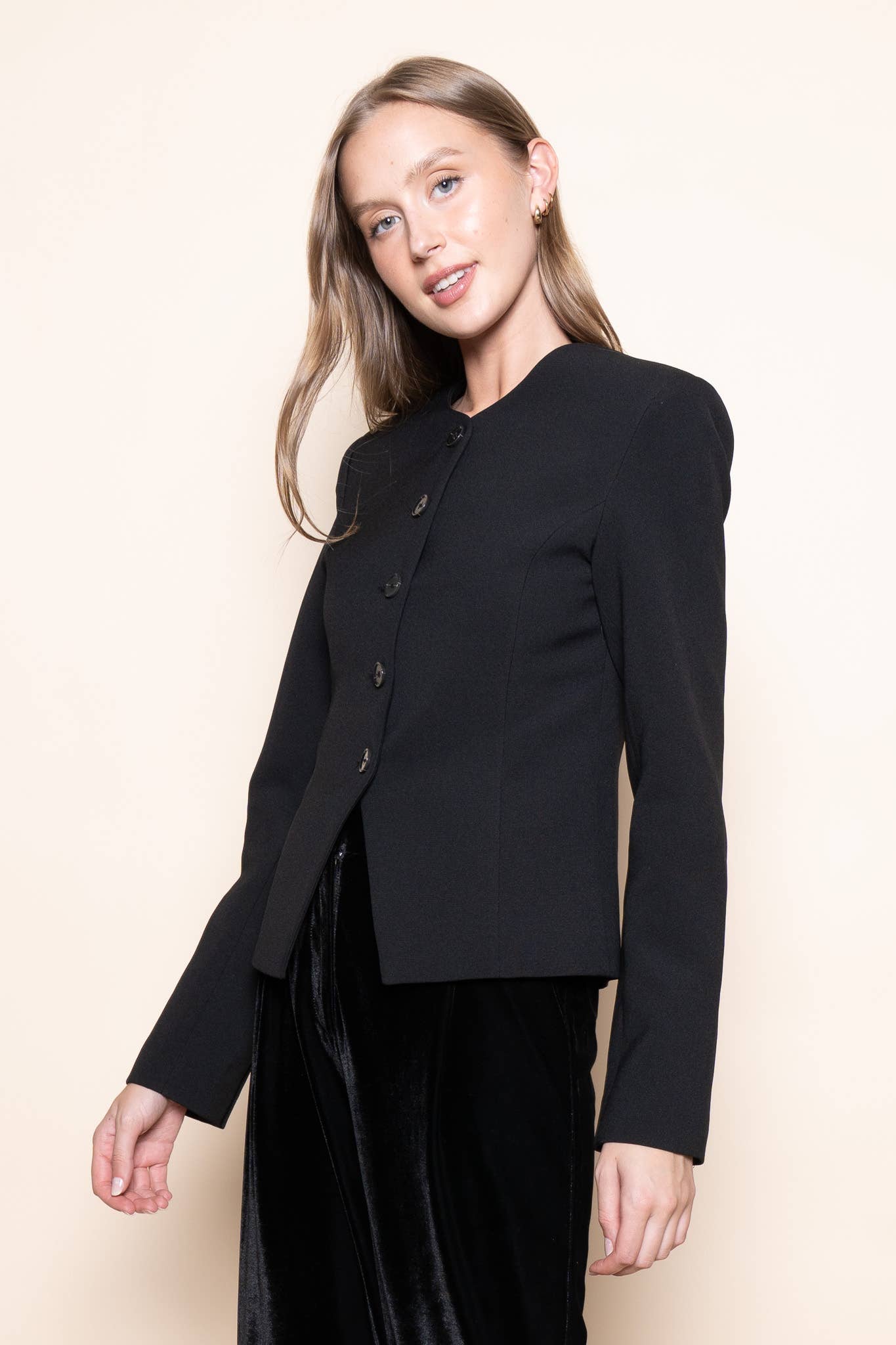 Black BASIC CHIC ROUND NECK BUTTON UP JACKET BLAZER-OI6695FO for wholesale on Faire4