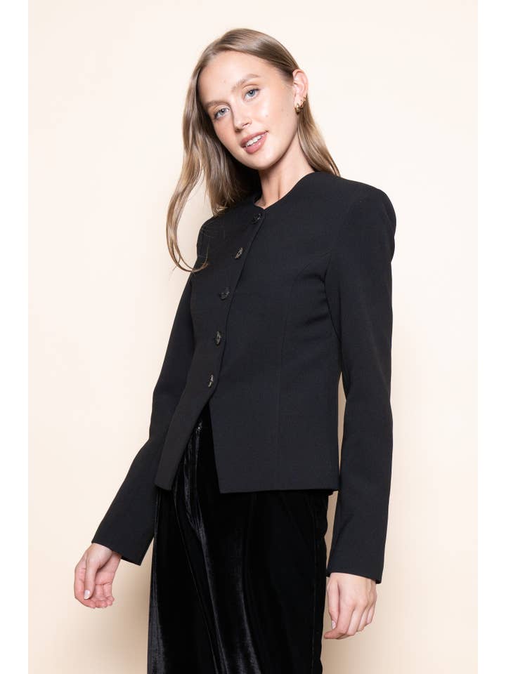 Black BASIC CHIC ROUND NECK BUTTON UP JACKET BLAZER-OI6695FO for wholesale on Faire4