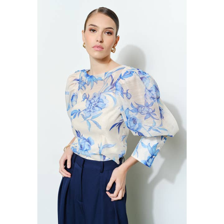 Elegant Floral Organza Bubble Sleeve Blouse Top for wholesale by INA