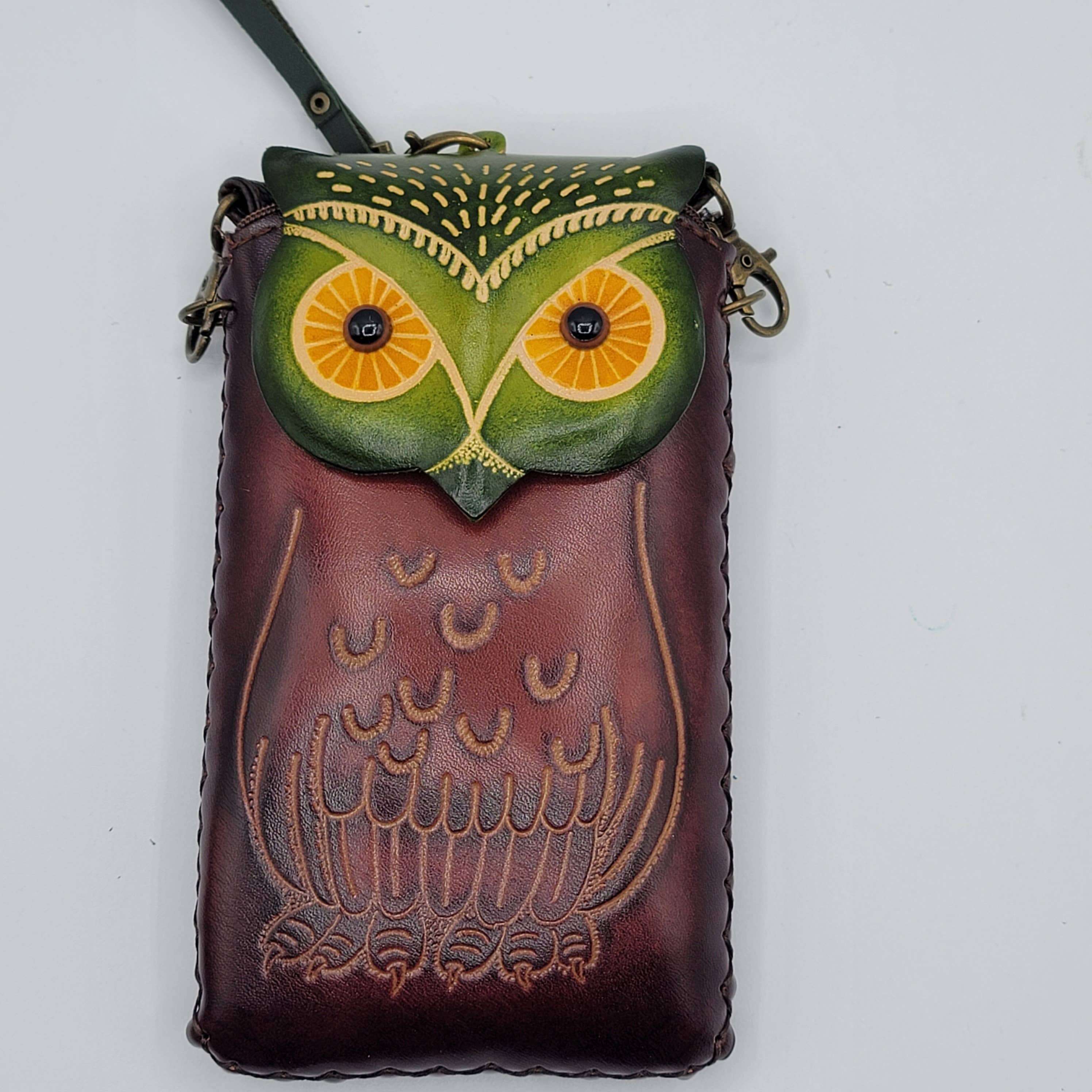 Sunflower Handmade leather inc – Bolsa de telefone - Mulher por atacado – Capa de telemóvel em couro artesanal de coruja7