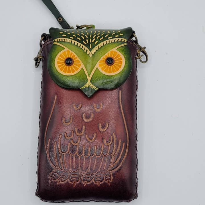 Sunflower Handmade leather inc – Bolsa de telefone - Mulher por atacado – Capa de telemóvel em couro artesanal de coruja7