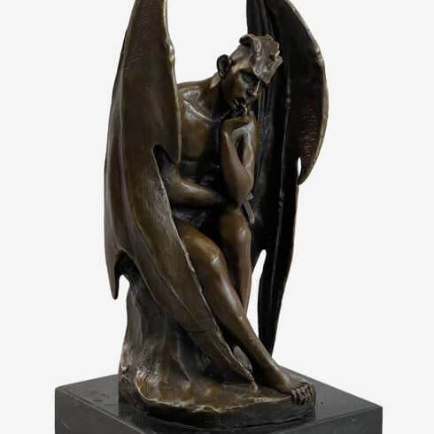 Bronzhaus - Vendita all'ingrosso Scultura - Statua in marmo di bronzo Lucifero Demone Angelo caduto Satana Crocifisso Statuina Croce
