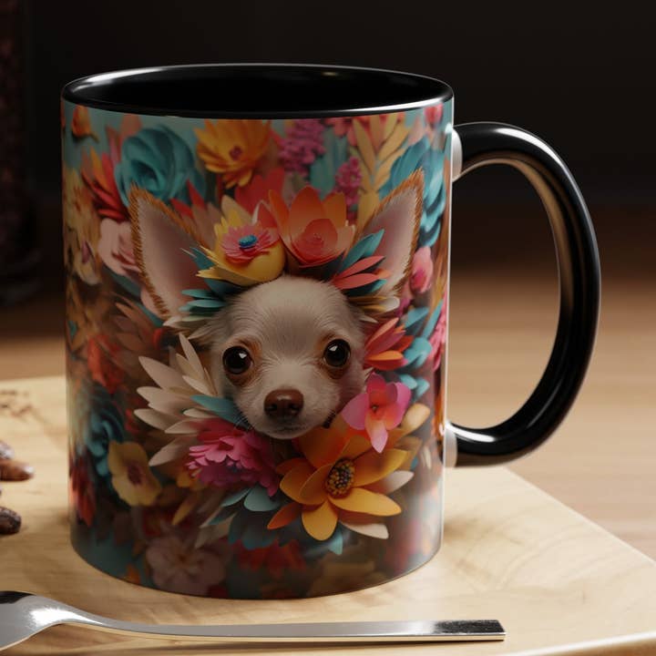 Kaffekrus med chihuahua og blomsterkrans — Farverig gave til dyreelsker (11/15 oz) for engroshandel hos Le Paperie Co