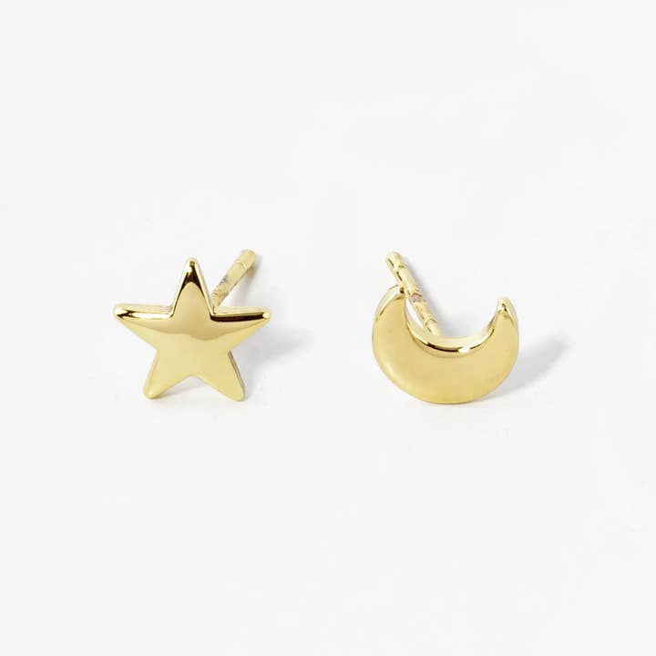 Wild Honey - Wholesale Stud/Post Earrings - 18K Gold Dipped Star And Moon Brass Stud Earrings