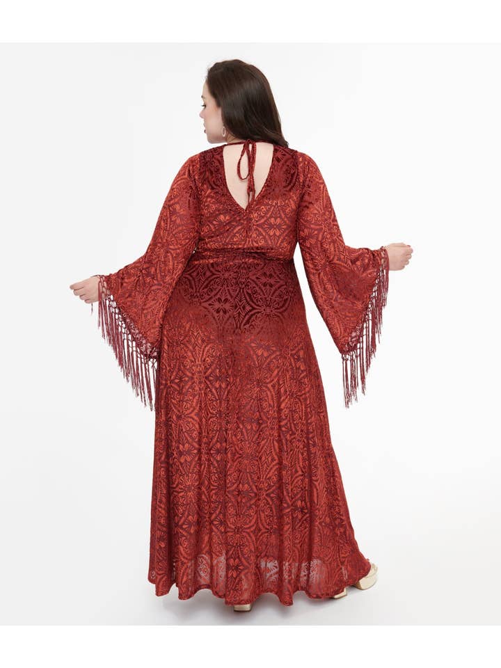 Unique Vintage - Wholesale Dress - Women's - Smak Parlour Plus Size 1970s Burgundy Velvet Burnout Fringe Sleeve Maxi Dress