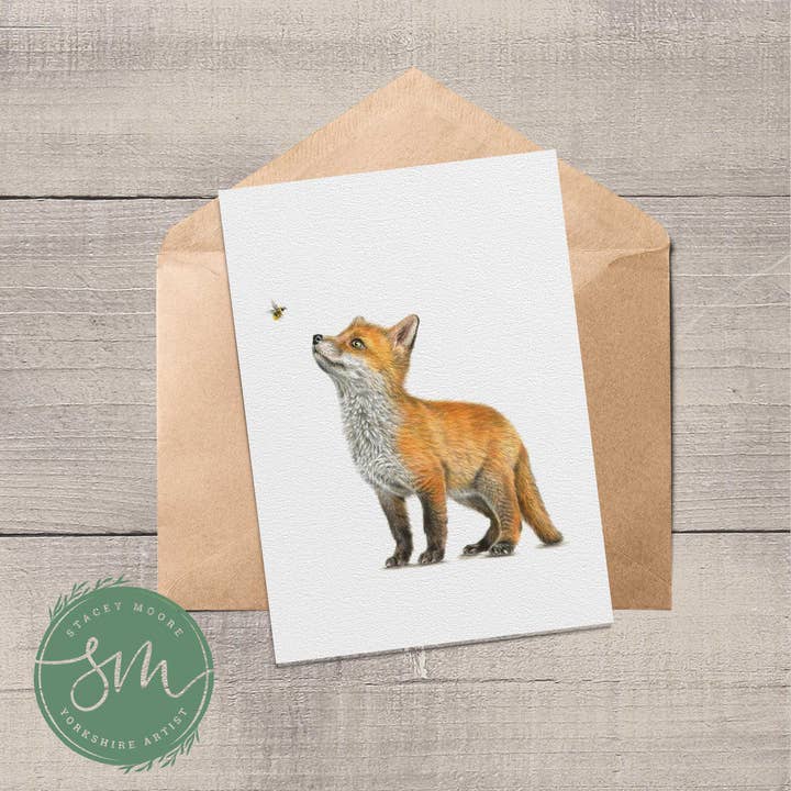 Fox Cub and Bee Greetings Card for wholesale by Stacey Moore Ltd