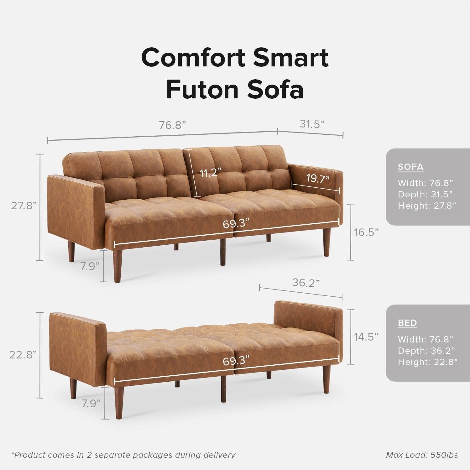 Pecan Brown Faux Leather Mid Century Modern Multi Functional Sofa Bed Futon for wholesale on Faire1
