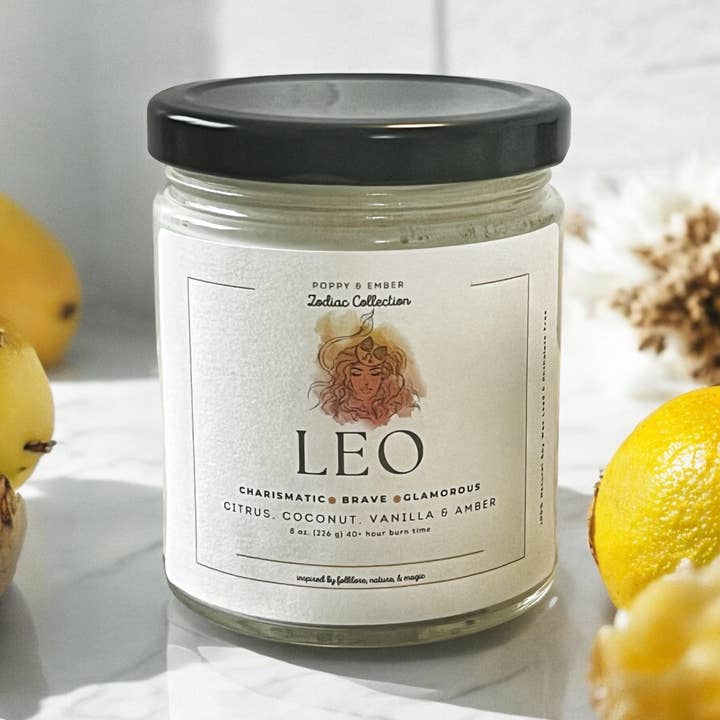 Poppy & Ember - Wholesale Jar/Filled Candle - Leo Zodiac Crystal Candle1