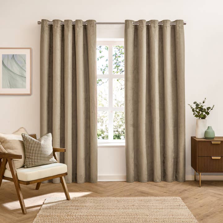 Verso Suede 100% Blackout Eyelet Curtains Mocha for wholesale on Faire1