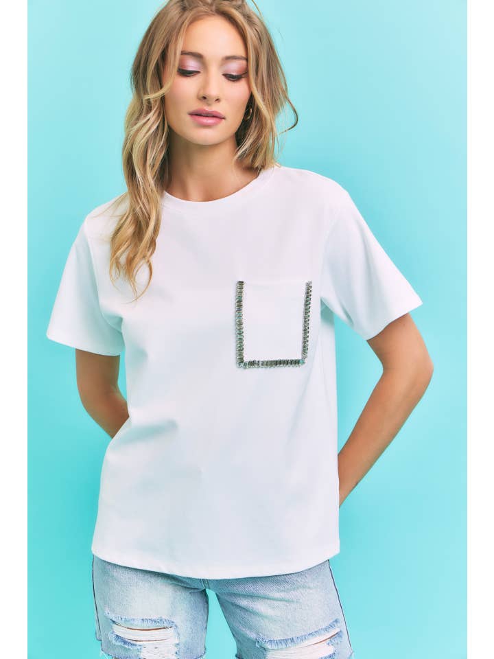 White Knit T-shirt With Embellished Chest Pocket for wholesale on Faire4