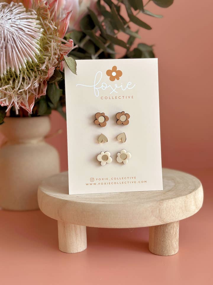 Stud Pack Trio #1 | Cream + Gold | WHOLESALE for wholesale by Foxie Collective