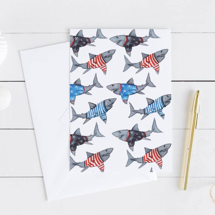 Sharks in Shirts 5x7 Blank Greeting Card for wholesale by ALR Designs