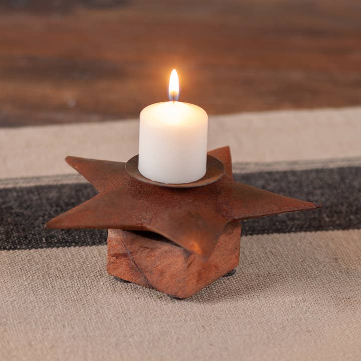 6-Inch Iron Star Candle Holder on Wood Block for wholesale by Irvin's Tinware