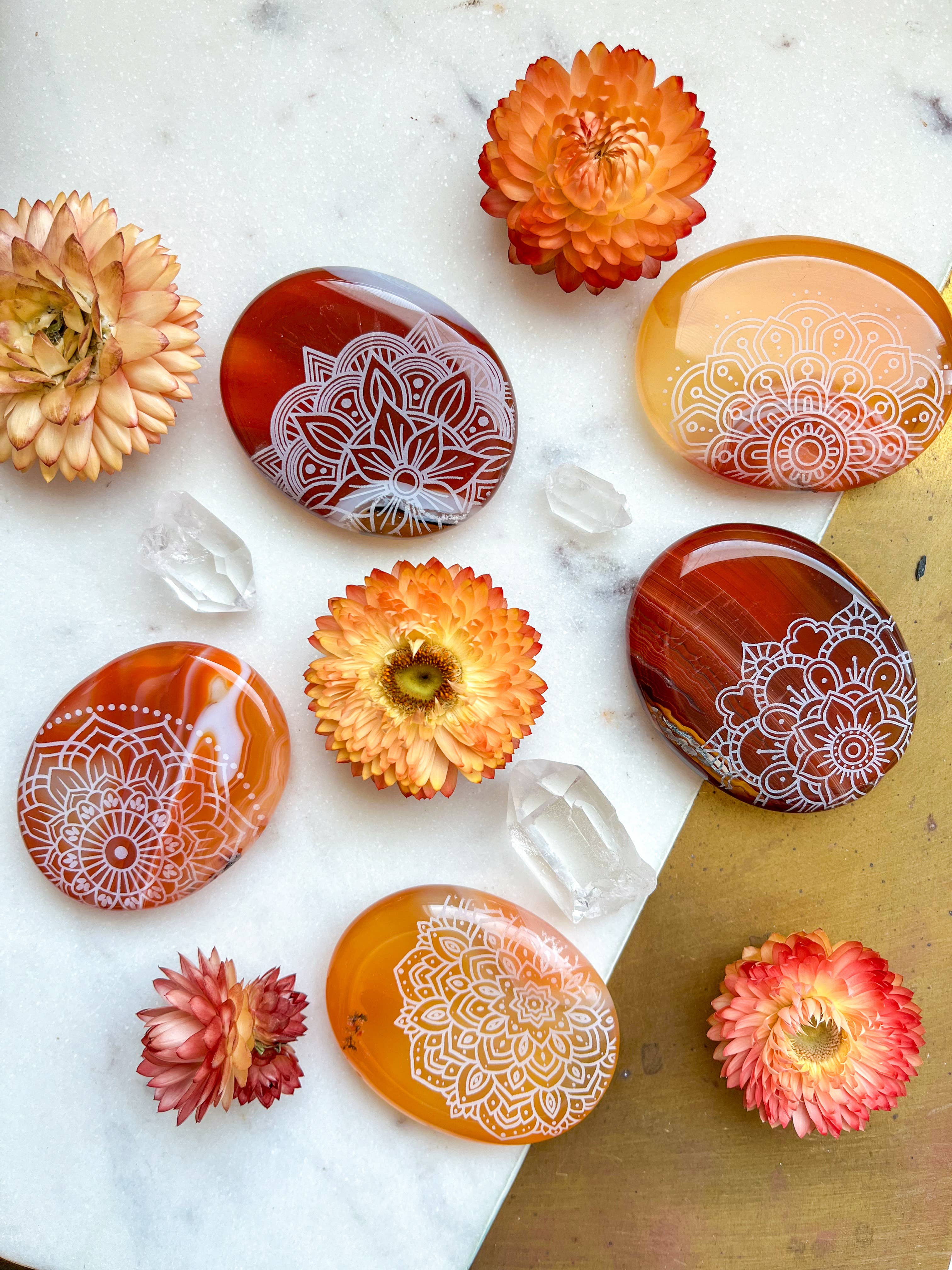 Fractalista Designs - Wholesale Spiritual Stone/Crystal - Etched Carnelian Worry Stone palmstone - Assorted Mandalas1