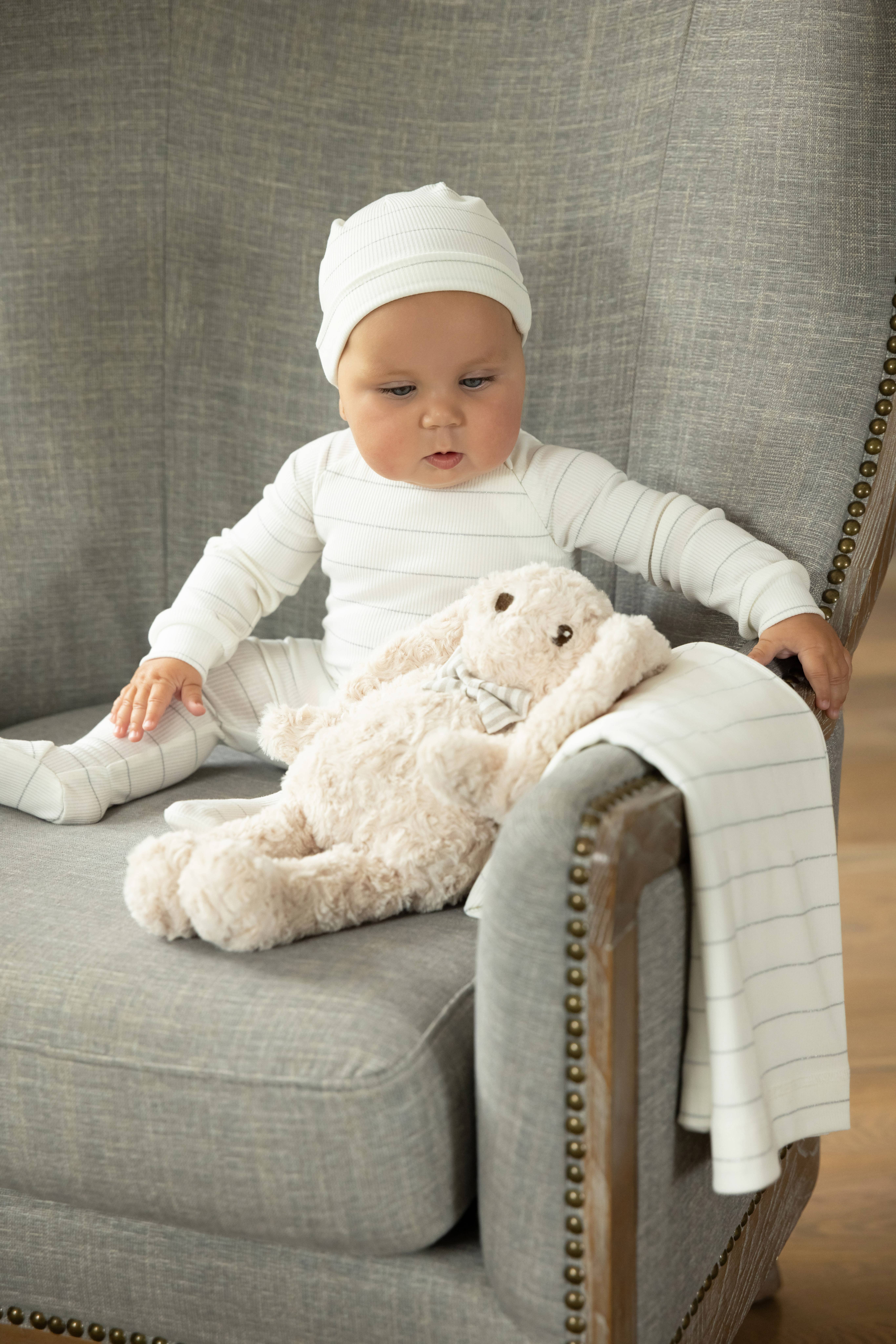 White Metallic Striped Side Zipper 3 PC Footie Set for wholesale on Faire4