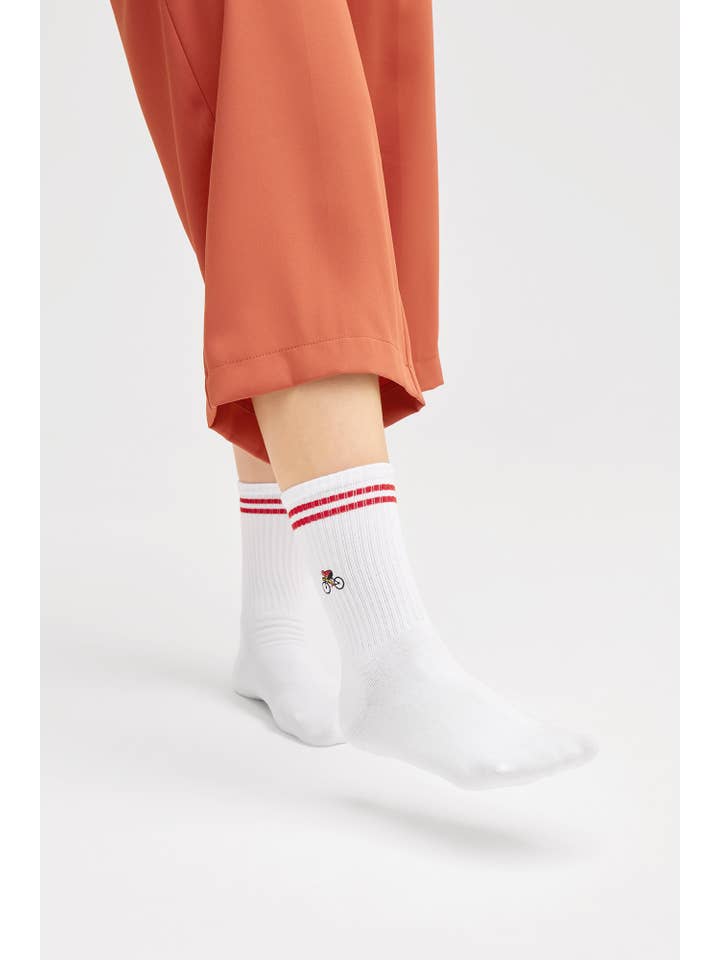 Natural Vibes - Wholesale Socks - Unisex - Bicycle Socks - Organic White Crew Socks with Cyclist1