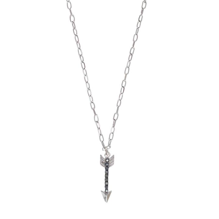 Rhodium Hematite Crystal Arrow Pendant Necklace for wholesale by Cielo Moon x Devon Leigh