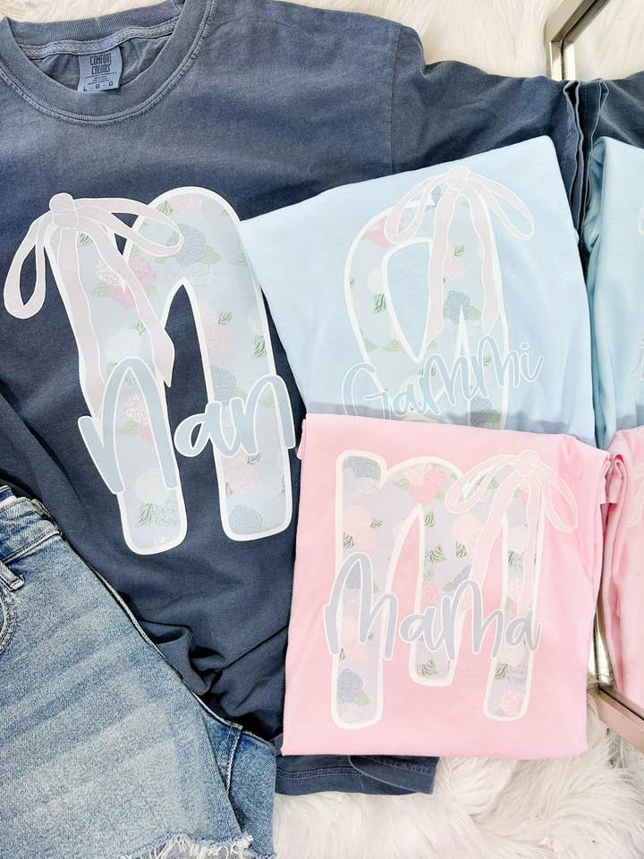 Custom Hydrangea Bow Letter Name DTF Tee for wholesale by Dash Forward Wholesale