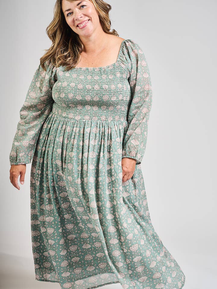 Hailee Smocked Plus Size Midi Dress Aegean Teal Floral for wholesale by Mata Traders